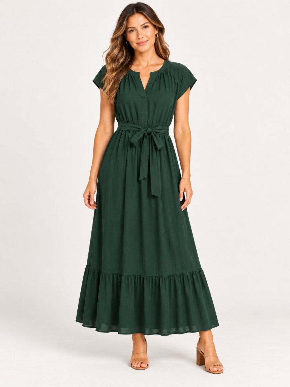 Shore Forest Green Belted Maxi Dress Size M Boho Resort Tiered Hem